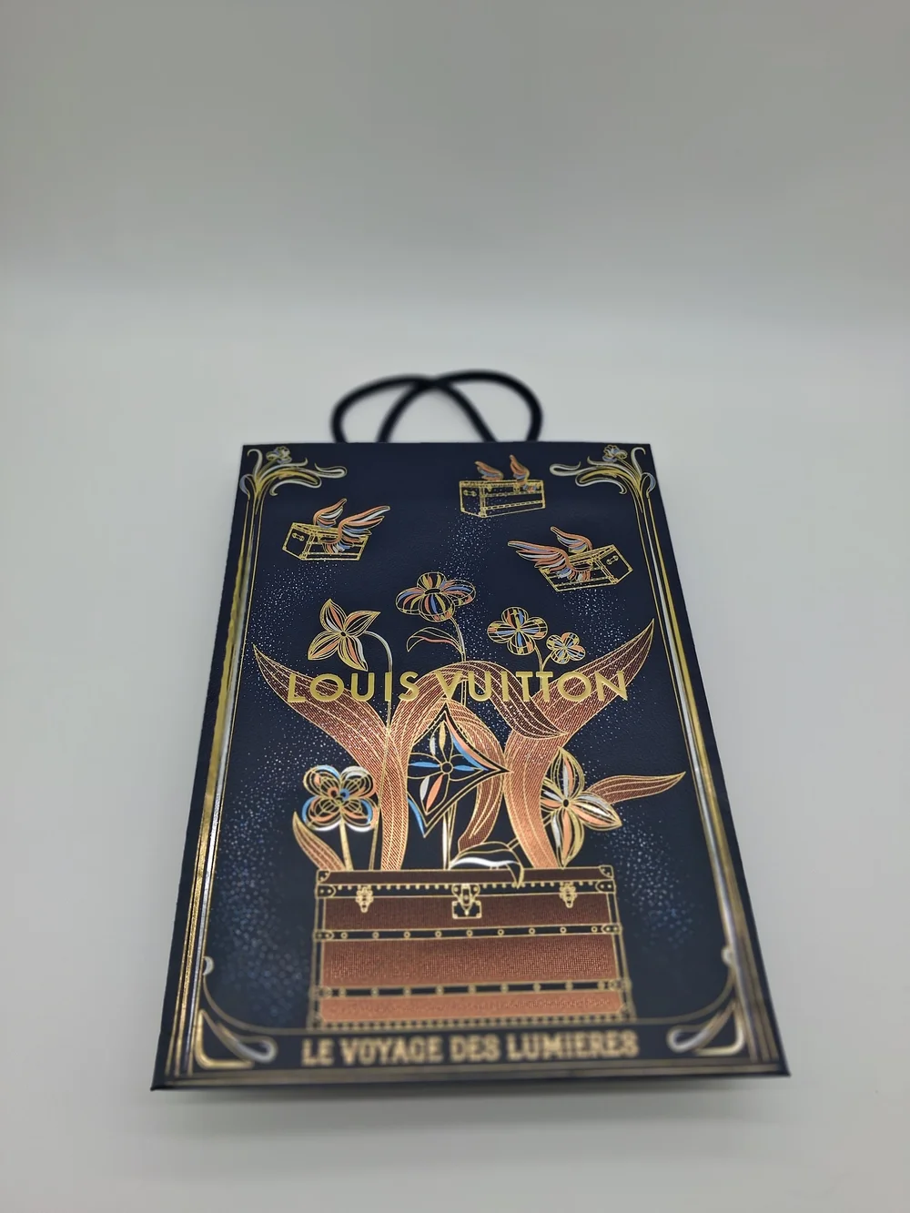 LOUIS VUITTON Le Voyage des Lumières Holiday Gift Bag Trunk Floral Navy Gold
